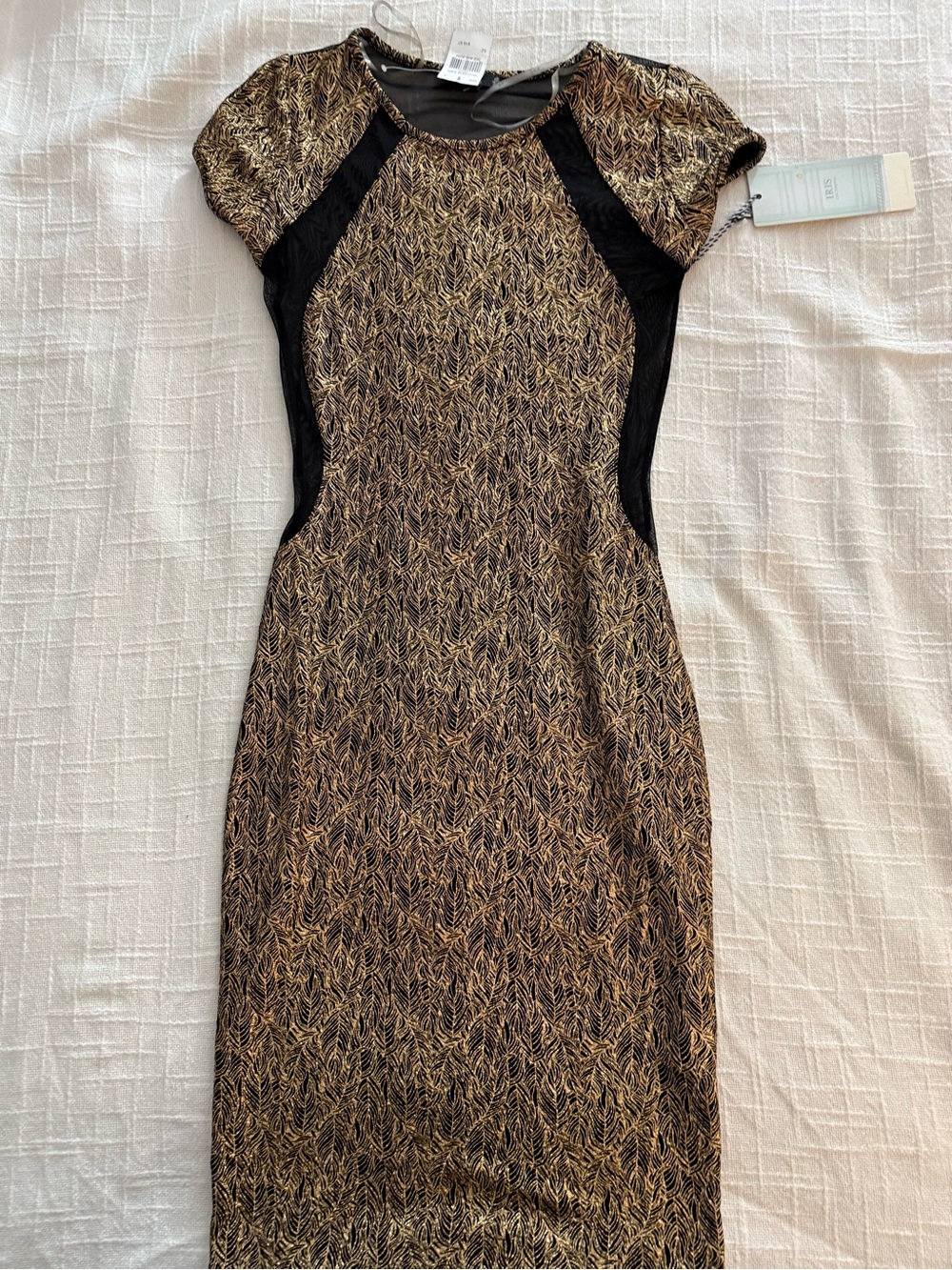 iris Gold and Black Patterned Midi Sheath Dress